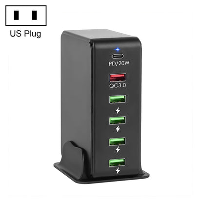 6 in 1 65W PD USB-C / Type-C + QC 3.0 USB + 4 USB Multi-port Travel Charger,, US Plug, EU Plug