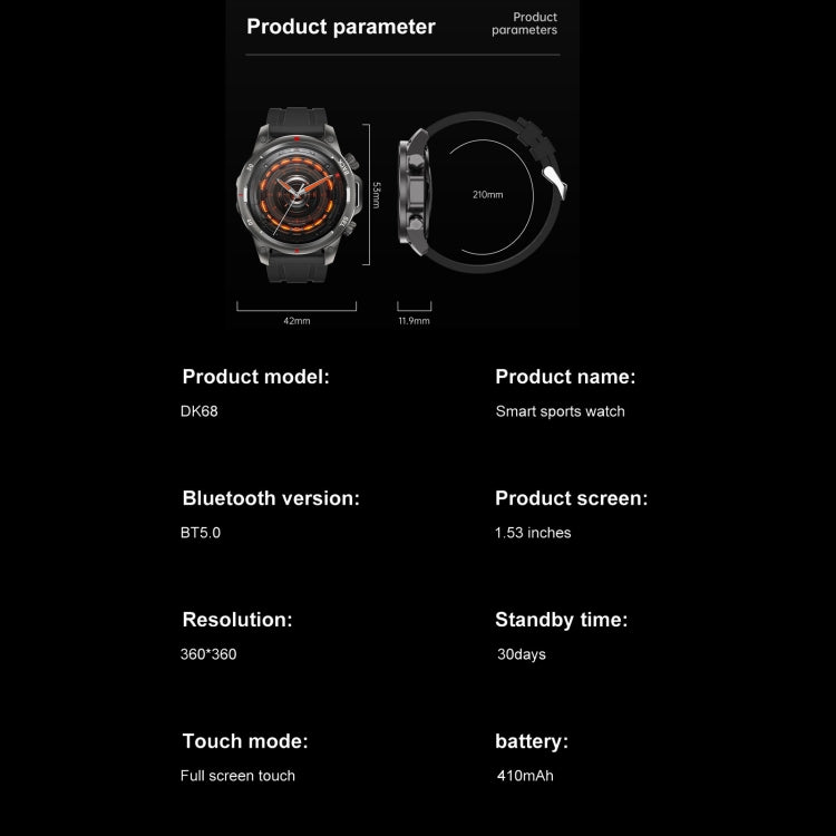 DK68 1.53 inch IP67 BT 5.0 Fitness Sport Smart Watch