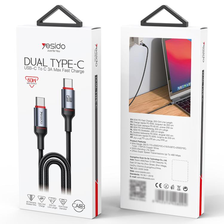Yesido CA183 PD60W 3A USB-C / Type-C to USB-C / Type-C Charging Data Cable, Length: 2m