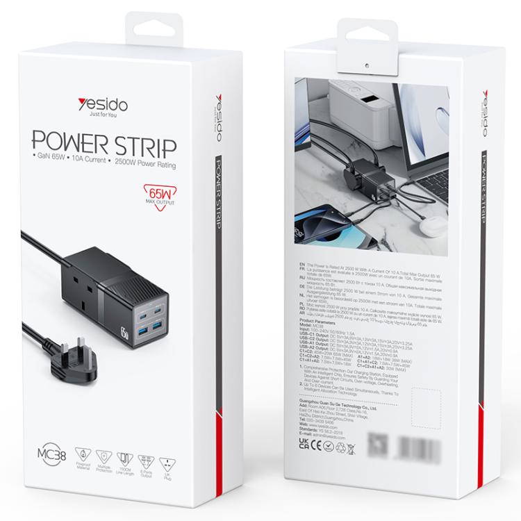 Yesido MC38 65W 6 In 1 Dual Type-C and Dual USB-A with 2 Socket GaN Fast Charging Power Socket