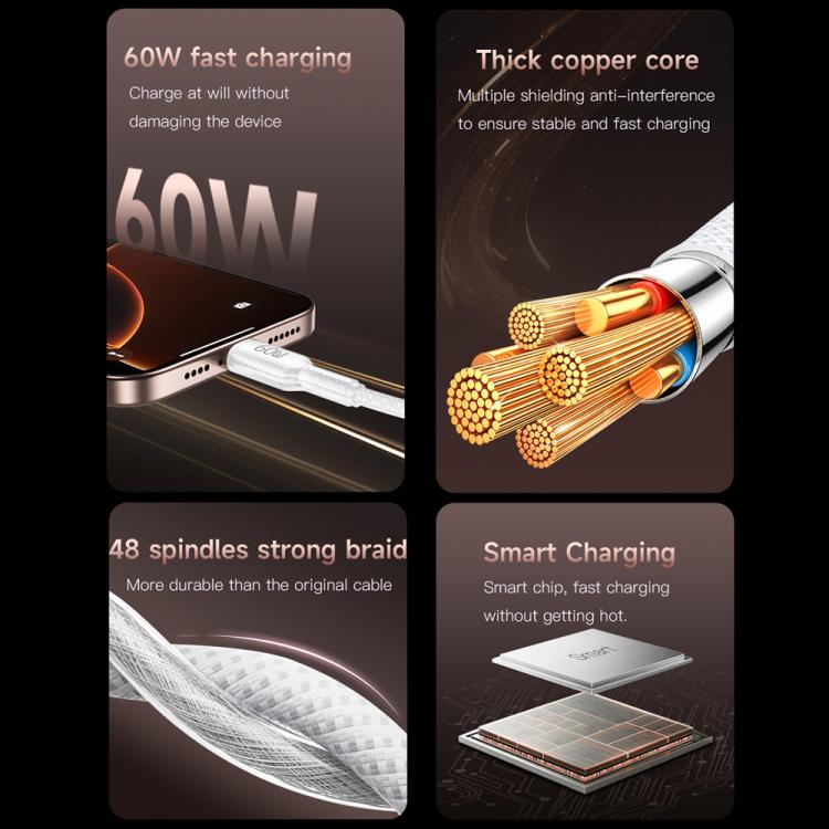 TOTU CB-20-PD 30W USB-C / Type-C to 8 Pin Crystals Braided Data Cable, CB-20-PD