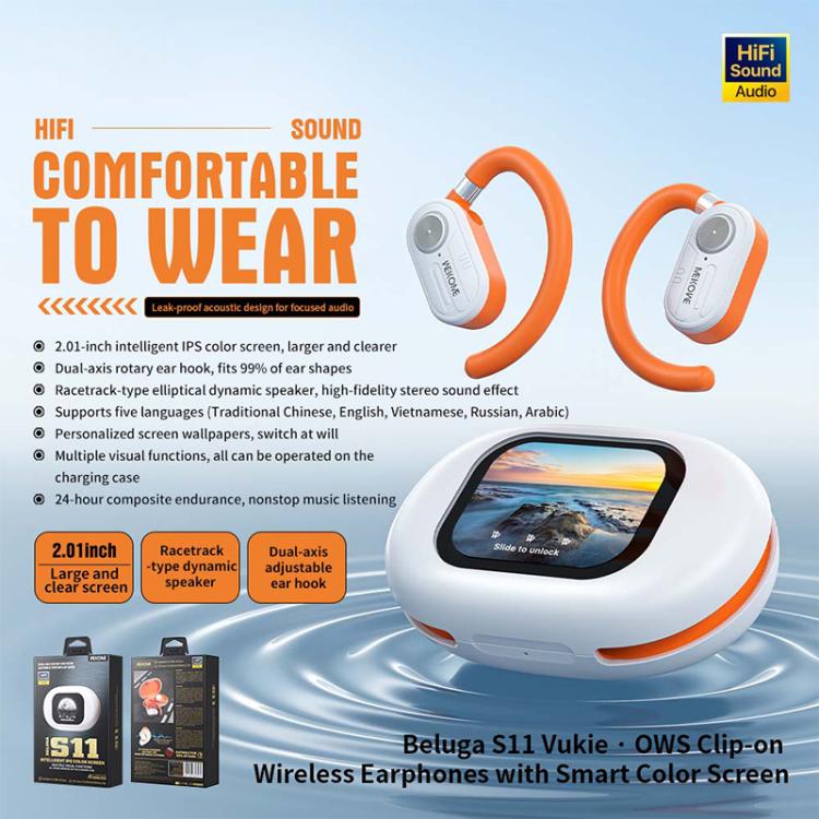 WK Beluga S11 Vukie OWS Clip-on Wireless Earphones with Smart Color Screen, S11