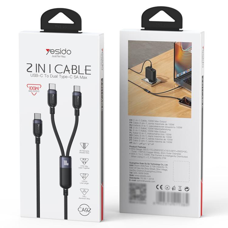 Yesido CA92 100W 5A USB-C / Type-C to Dual Type-C 2 in 1 Charging Cable