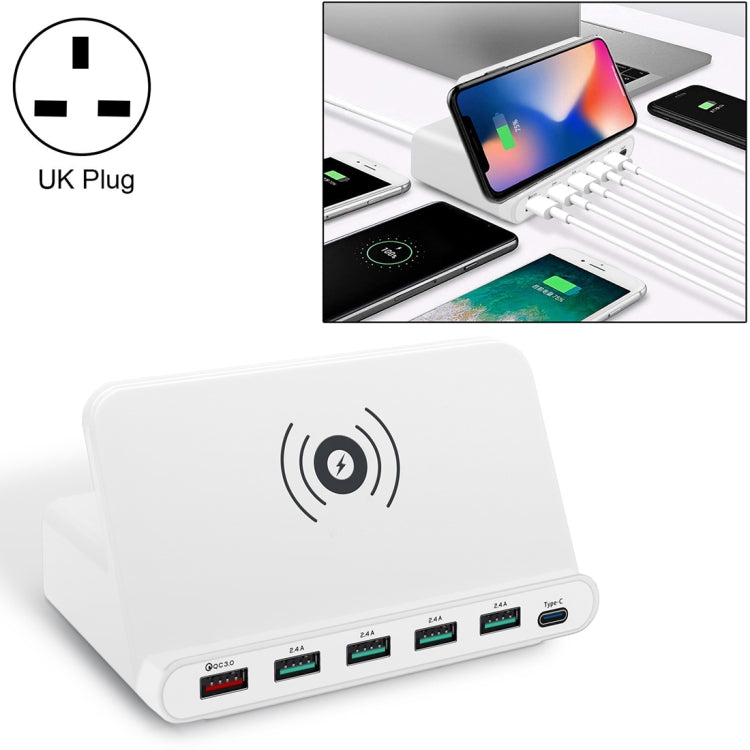 828W 7 in 1 60W QC 3.0 USB Interface + 4 USB Ports + USB-C / Type-C Interface + Wireless Charging...