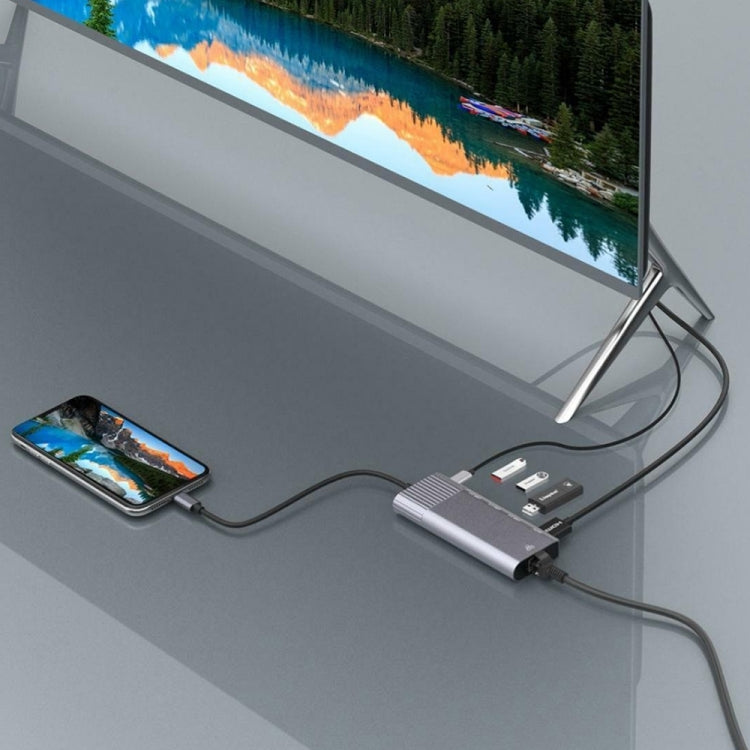 6 in 1 USB 2.0 x 3 + HDMI + RJ45 + 8 Pin Female Charging Port to 8 Pin Male Multi-function Dock S...