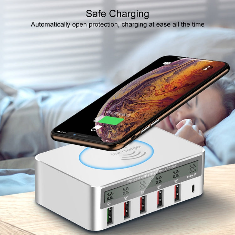WLX-818F 6 in 1 10W QC3.0 Wireless Charging + USB-C / Type-C + 4 USB Ports Charger with Smart LCD...