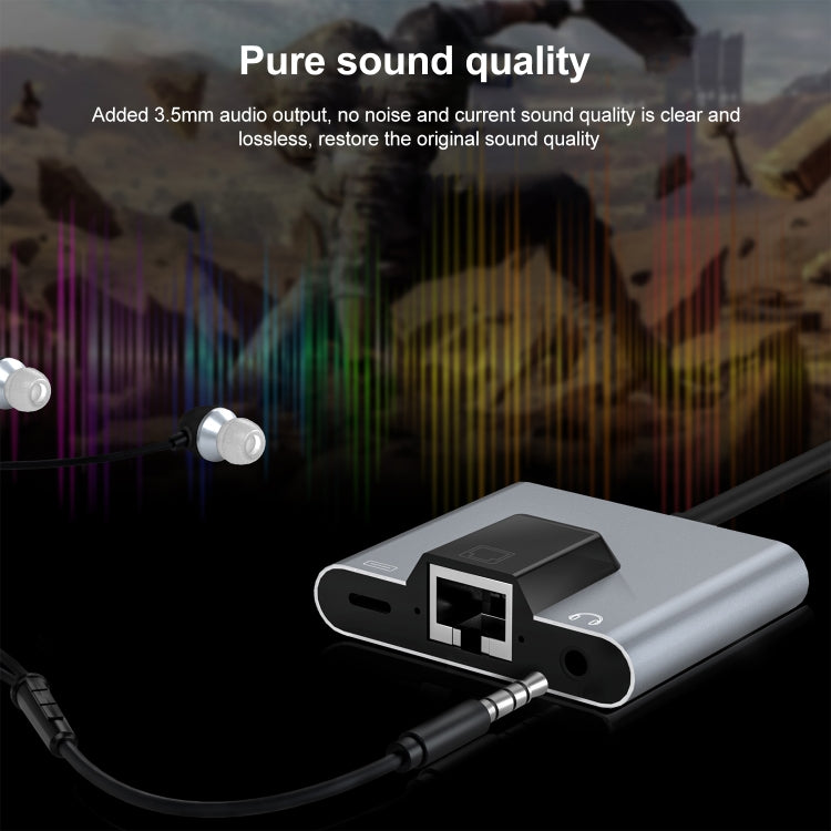 NK-1056 3 in 1 8 Pin Male to 8 Pin Charging + RJ45 Ethernet + 3.5mm Earphone Female Adapter, NK-1056