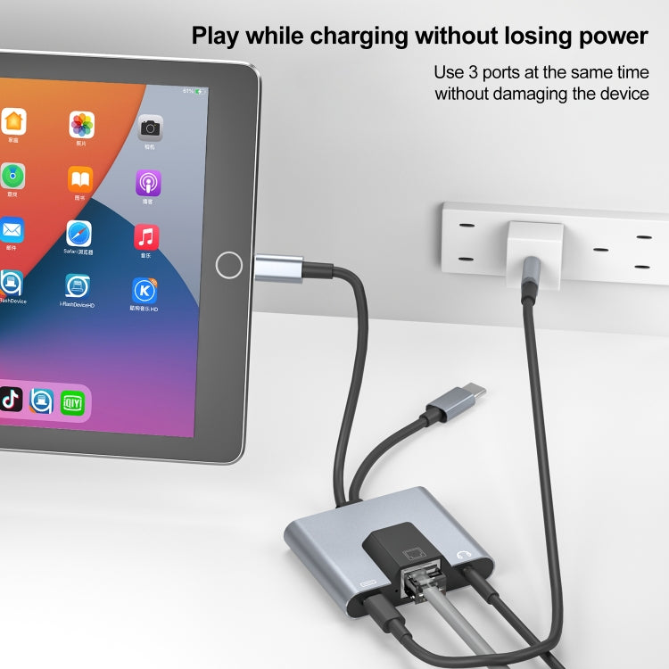 NK-1056Pro 3 in 1 8 Pin + USB-C / Type-C Male to 8 Pin Charging + Ethernet + 3.5mm Earphone Femal...