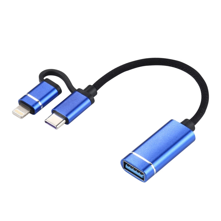 USB 3.0 Female to 8 Pin + USB-C / Type-C Male Charging + Transmission OTG Nylon Braided Adapter C...