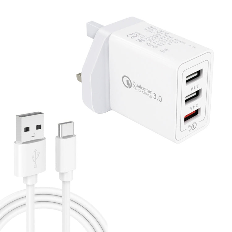 SDC-30W 2 in 1 USB to USB-C / Type-C Data Cable + 30W QC 3.0 USB + 2.4A Dual USB 2.0 Ports Mobile...