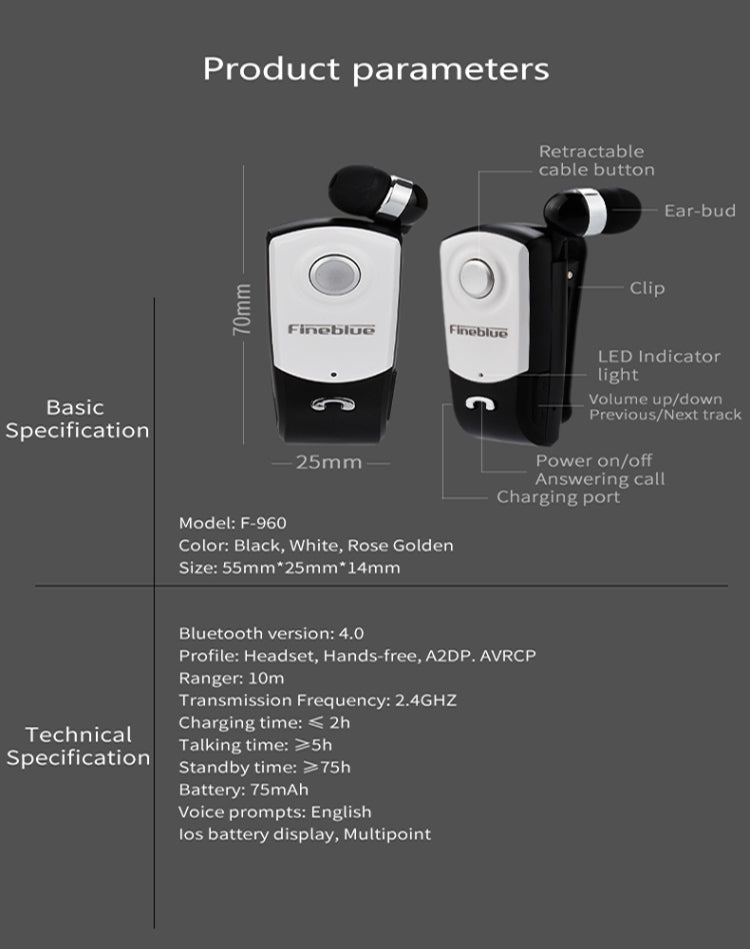 F960 CSR4.1 Retractable Cable Caller Vibration Reminder Anti-theft Bluetooth Headset, Black, Whit...