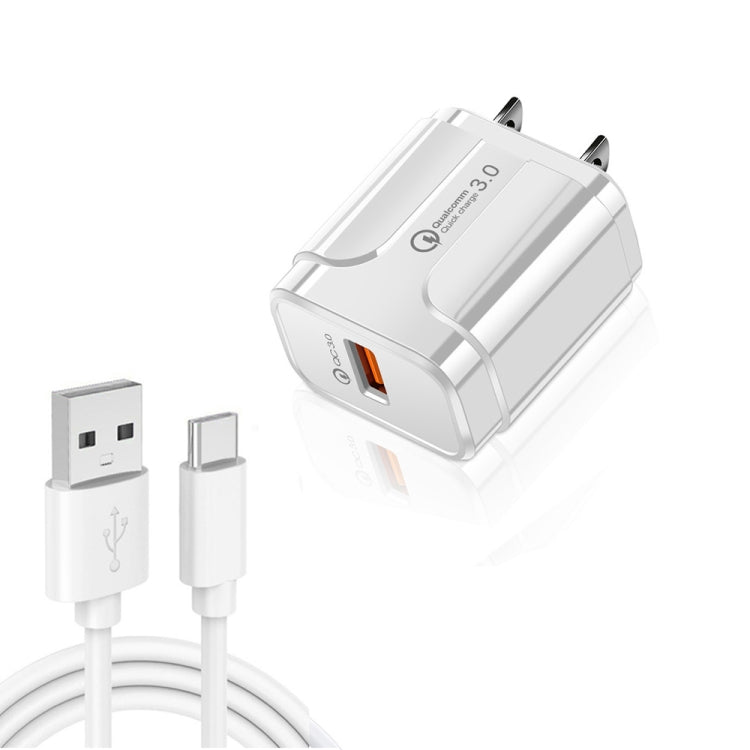 LZ-023 18W QC3.0 USB Portable Travel Charger + 3A USB toType-C Data Cable, US Plug