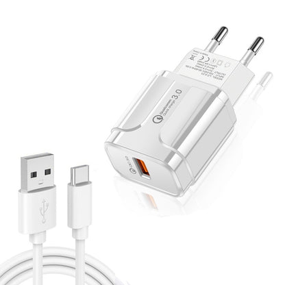 LZ-023 18W QC 3.0 USB Portable Travel Charger + 3A USB to Type-C Data Cable, EU Plug