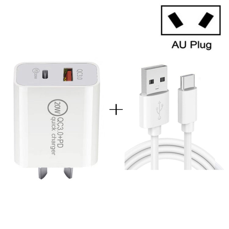 20W PD Type-C + QC 3.0 USB Interface Fast Charging Travel Charger with USB to Type-C Fast Charge ...
