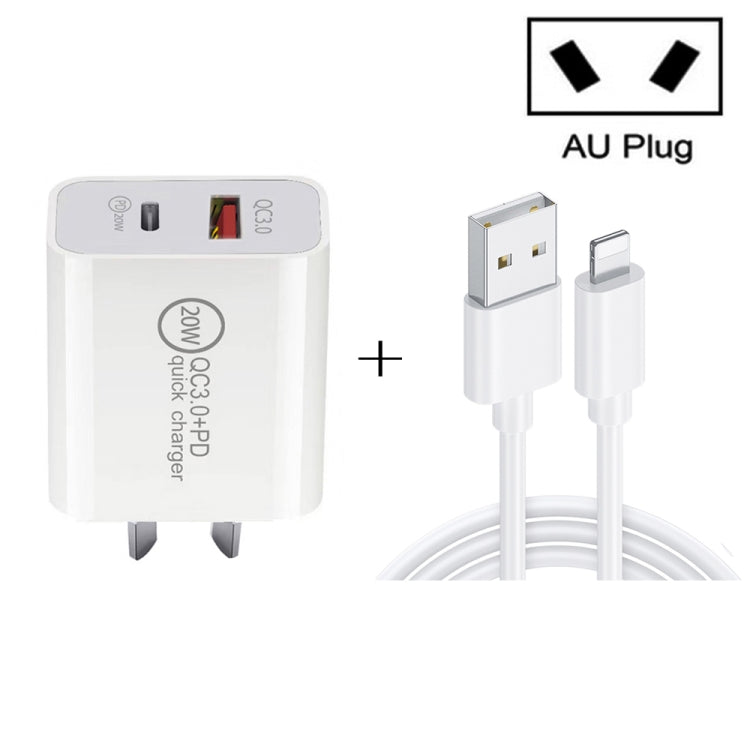 20W PD Type-C + QC 3.0 USB Interface Fast Charging Travel Charger with USB to 8 Pin Fast Charge D...