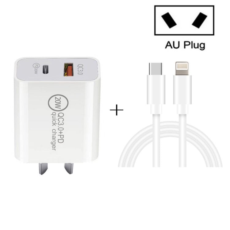 20W PD Type-C + QC 3.0 USB Interface Fast Charging Travel Charger with USB-C / Type-C to 8 Pin Fa...