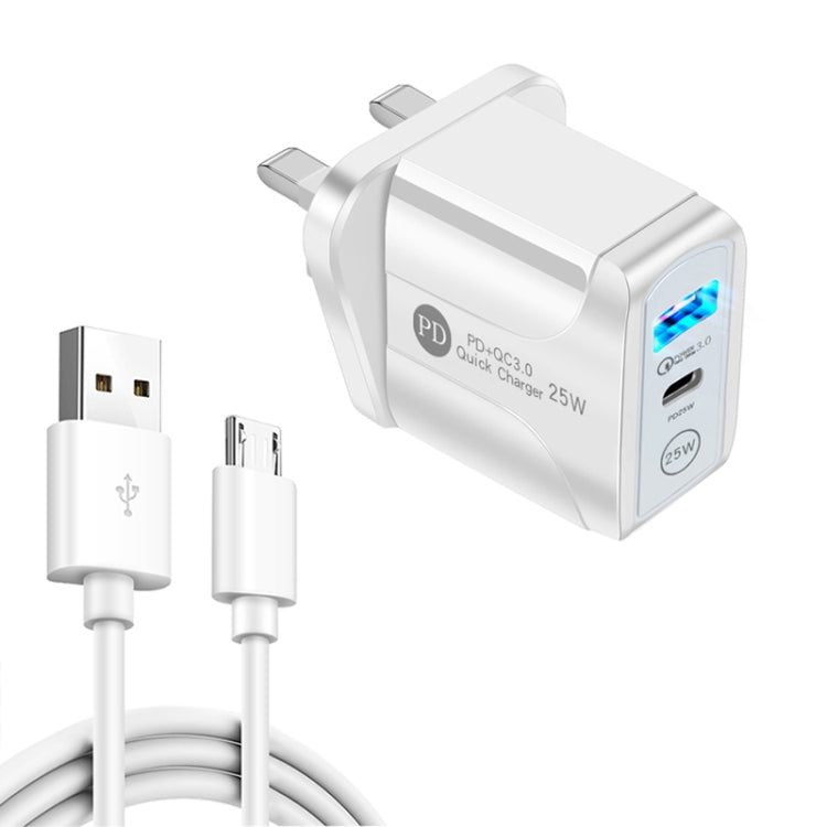 PD25W USB-C / Type-C + QC3.0 USB Dual Ports Fast Charger with USB to Micro USB Data Cable, UK Plu...