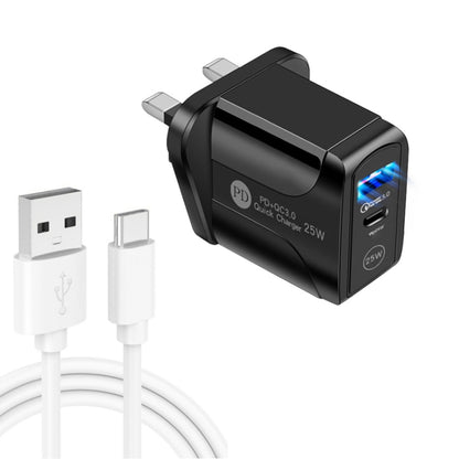PD25W USB-C / Type-C + QC3.0 USB Dual Ports Fast Charger with USB to Type-C Data Cable, UK Plug
