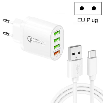 QC-04 QC3.0 + 3 x USB2.0 Multi-ports Charger with 3A USB to Type-C Data Cable, EU Plug
