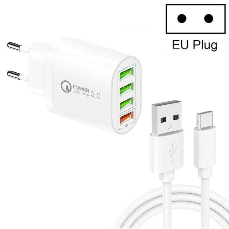 QC-04 QC3.0 + 3 x USB2.0 Multi-ports Charger with 3A USB to Type-C Data Cable, EU Plug