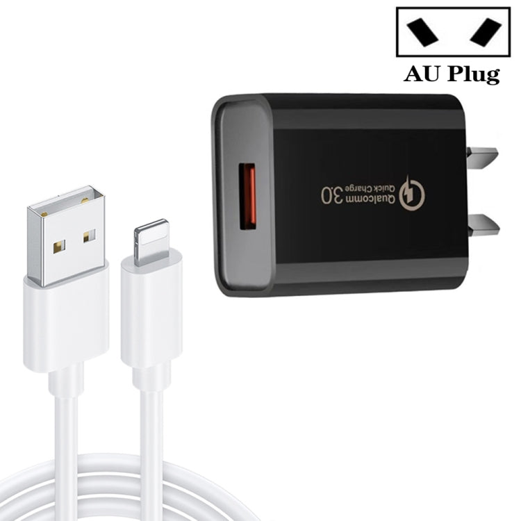 CA-25 QC3.0 USB 3A Fast Charger with USB to 8 Pin Data Cable, AU Plug, AU Plug + 8 Pin Cable