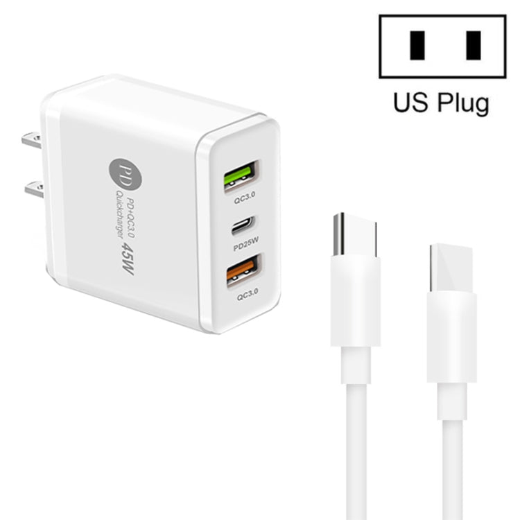 45W PD3.0 + 2 x QC3.0 USB Multi Port Charger with Type-C to Type-C Cable, US Plug