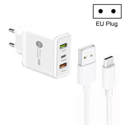 45W PD25W + 2 x QC3.0 USB Multi Port Charger with USB to Type-C Cable, EU Plug