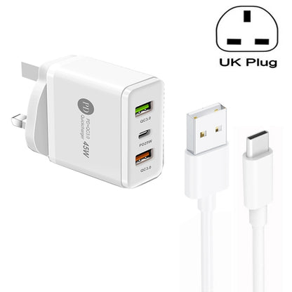 45W PD25W + 2 x QC3.0 USB Multi Port Charger with USB to Type-C Cable, UK Plug