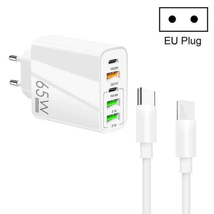 65W Dual PD Type-C + 3 x USB Multi Port Charger with 3A Type-C to Type-C Data Cable, US Plug