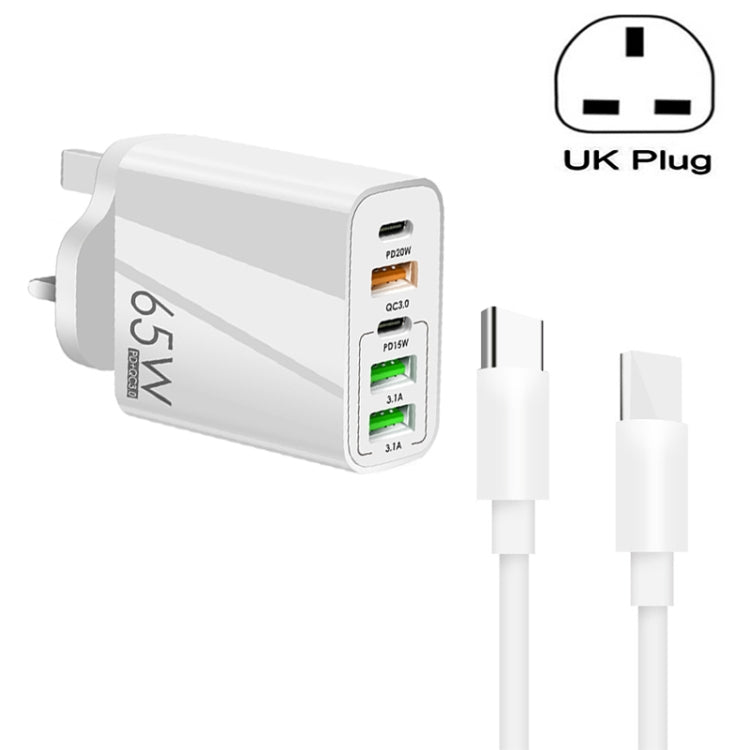 65W Dual PD Type-C + 3 x USB Multi Port Charger with 3A Type-C to Type-C Data Cable, UK Plug