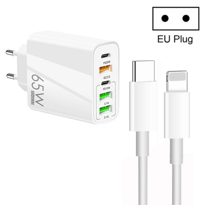65W Dual PD Type-C + 3 x USB Multi Port Charger with 3A Type-C to 8 Pin Data Cable, EU Plug