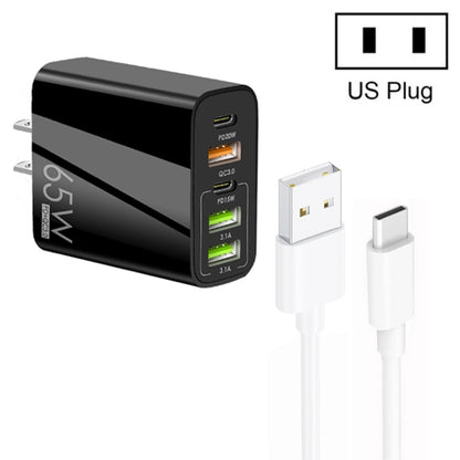 65W Dual PD Type-C + 3 x USB Multi Port Charger with 3A USB to Type-C Data Cable, US Plug