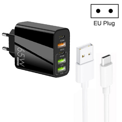 65W Dual PD Type-C + 3 x USB Multi Port Charger with 3A USB to Type-C Data Cable, EU Plug