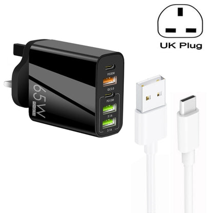 65W Dual PD Type-C + 3 x USB Multi Port Charger with 3A USB to Type-C Data Cable, UK Plug