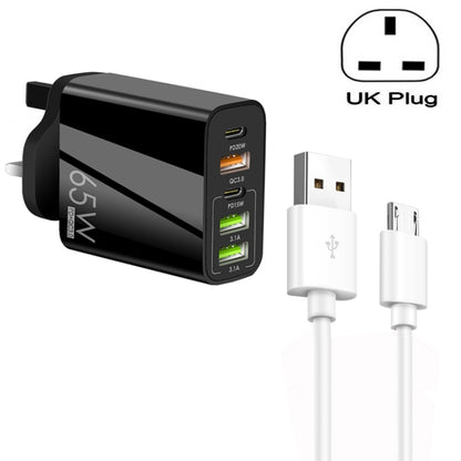 65W Dual PD Type-C + 3 x USB Multi Port Charger with 3A USB to Micro USB Data Cable, UK Plug