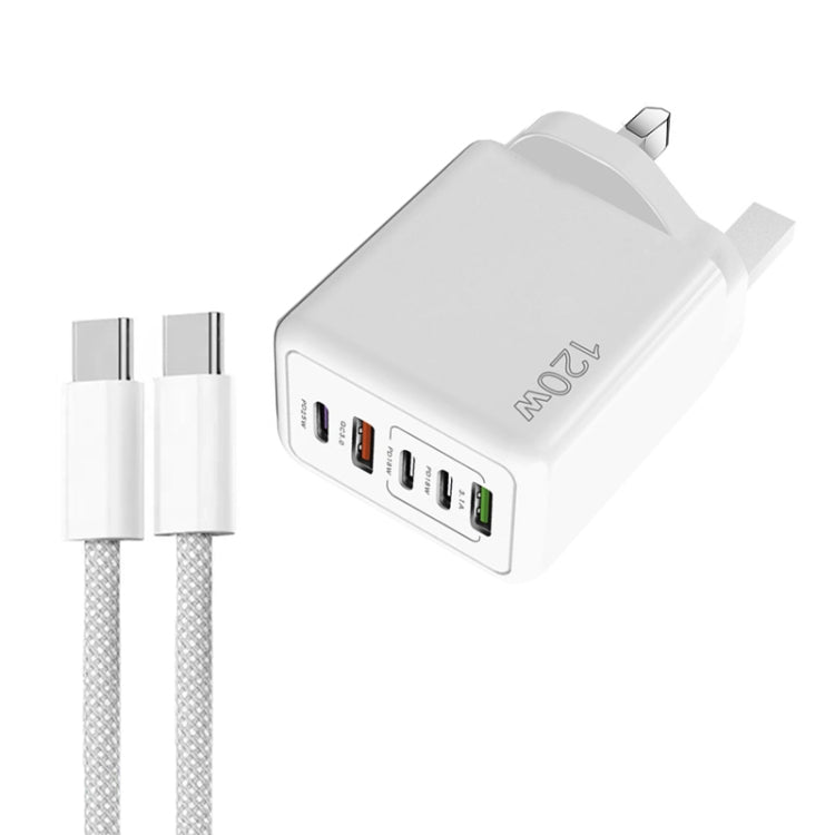 120W PD3.0 3 Type-C 2 USB Multi Port Quick Charger with Type-C to Type-C Cable, UK Plug