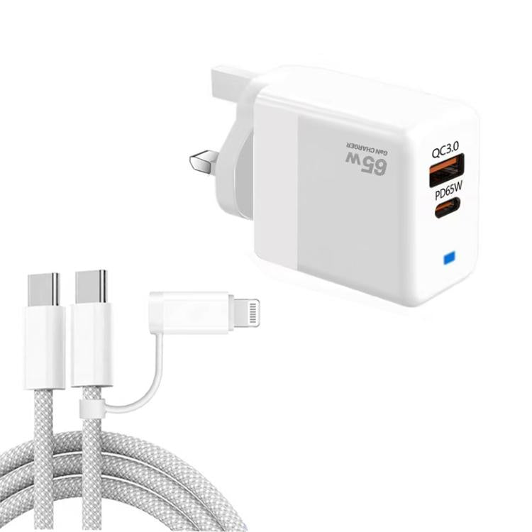 PD41 GaN PD 45W + USB Charger with USB-C to USB-C / 8 Pin Data Cable for iPhone, UK Plug, UK Plug