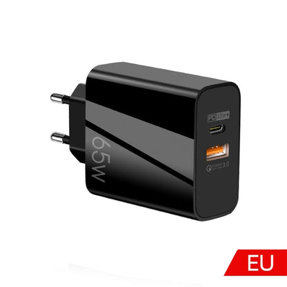 A502 65W USB-C/Type-C+USB Dual Port GaN Charger QC3.0 Laptop Universal Charger, EU Plug Black