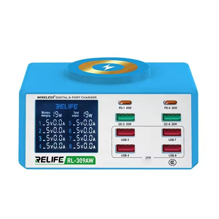 RELIFE RL-309AW QC3.0 PD Fast Wireless Charger With LCD Display 8 Ports, RL-309AW EU Plug