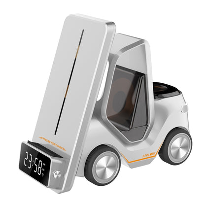 T20 5-in-1 Car-shaped Desktop Alarm Clock Wireless Charger with Atmosphere Light, White, Gray