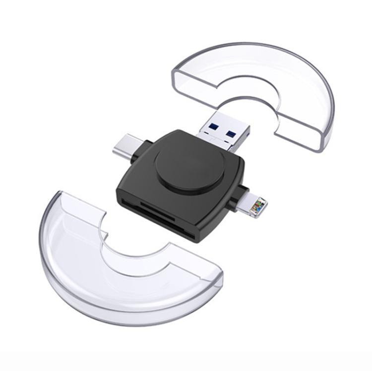 USB-A To USB-C / Type-C + Micro USB + 8 Pin 6-In-1 Round Multifunctional Card Reader