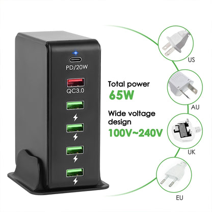 6 in 1 65W PD USB-C / Type-C + QC 3.0 USB + 4 USB Multi-port Travel Charger,, US Plug, EU Plug���...