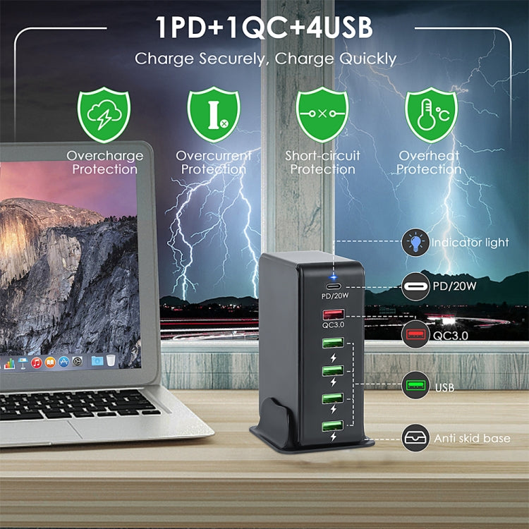 6 in 1 65W PD USB-C / Type-C + QC 3.0 USB + 4 USB Multi-port Travel Charger,, US Plug, EU Plug���...