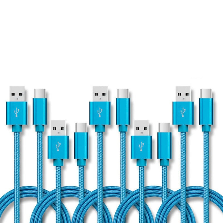 5 PCS USB to USB-C / Type-C Nylon Braided Charging Data Transmission Cable, 1m, 2m, 3m