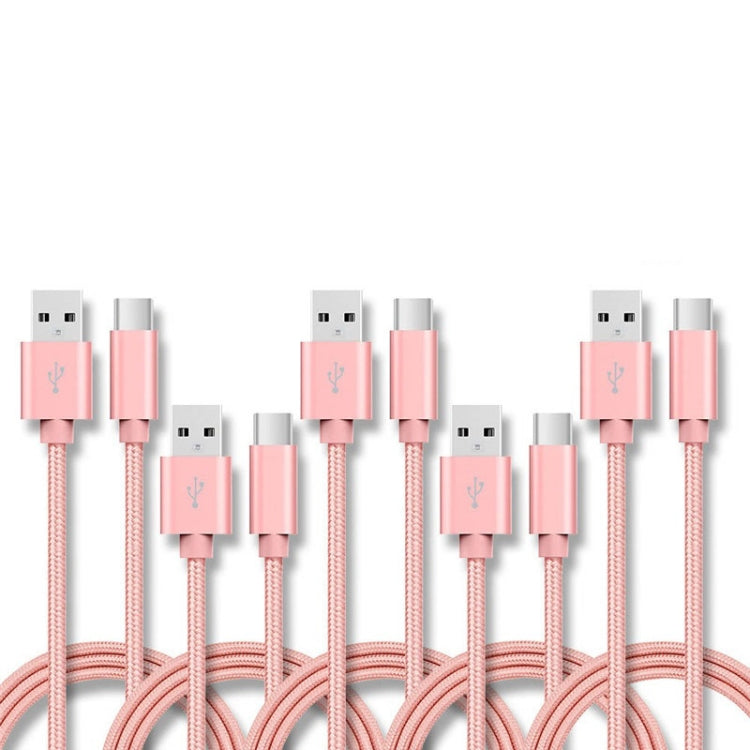 5 PCS USB to USB-C / Type-C Nylon Braided Charging Data Transmission Cable, 1m, 2m, 3m