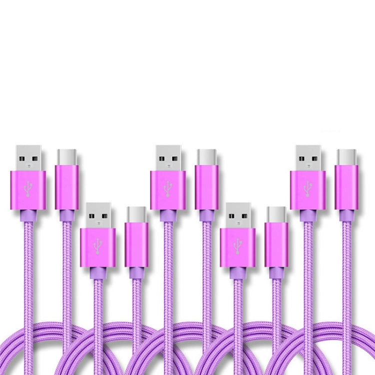 5 PCS USB to USB-C / Type-C Nylon Braided Charging Data Transmission Cable, 1m, 2m, 3m