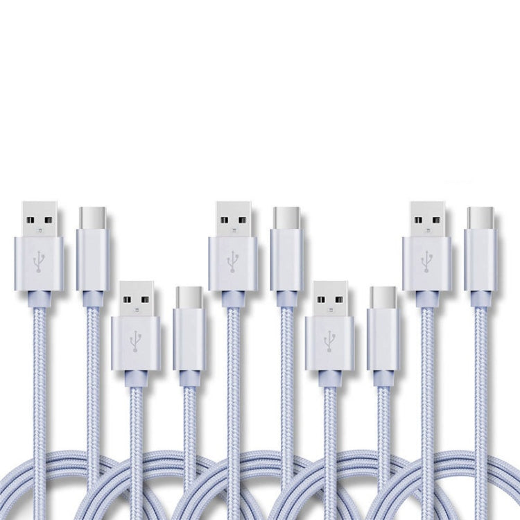 5 PCS USB to USB-C / Type-C Nylon Braided Charging Data Transmission Cable, 1m, 2m, 3m