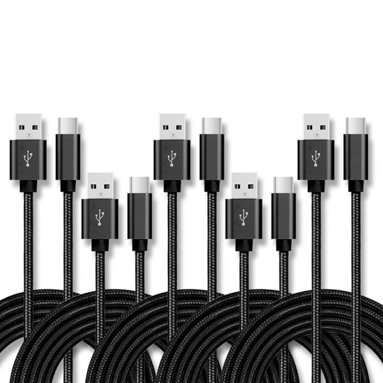 5 PCS USB to USB-C / Type-C Nylon Braided Charging Data Transmission Cable, 1m, 2m, 3m