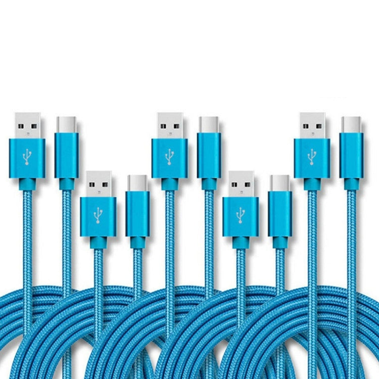 5 PCS USB to USB-C / Type-C Nylon Braided Charging Data Transmission Cable, 1m, 2m, 3m