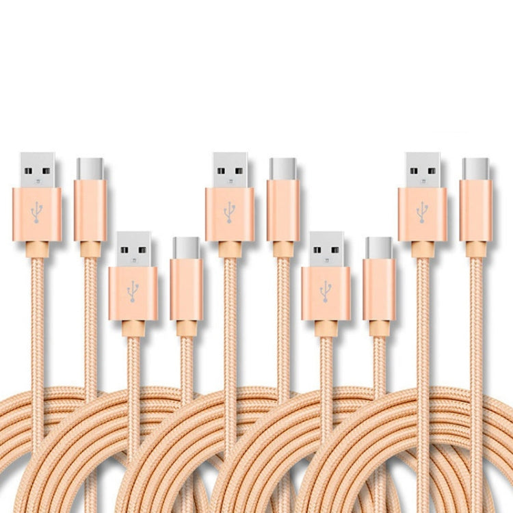5 PCS USB to USB-C / Type-C Nylon Braided Charging Data Transmission Cable, 1m, 2m, 3m